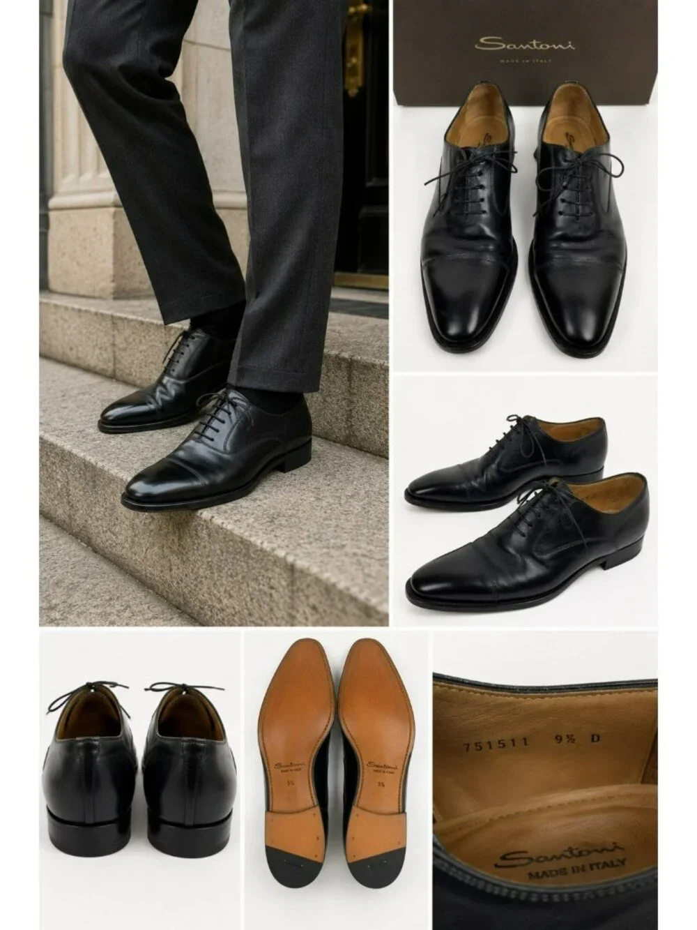 Santoni Darian Mens 9.5 D Cap Toe Oxford Leather Dress Shoe Black Style #751511